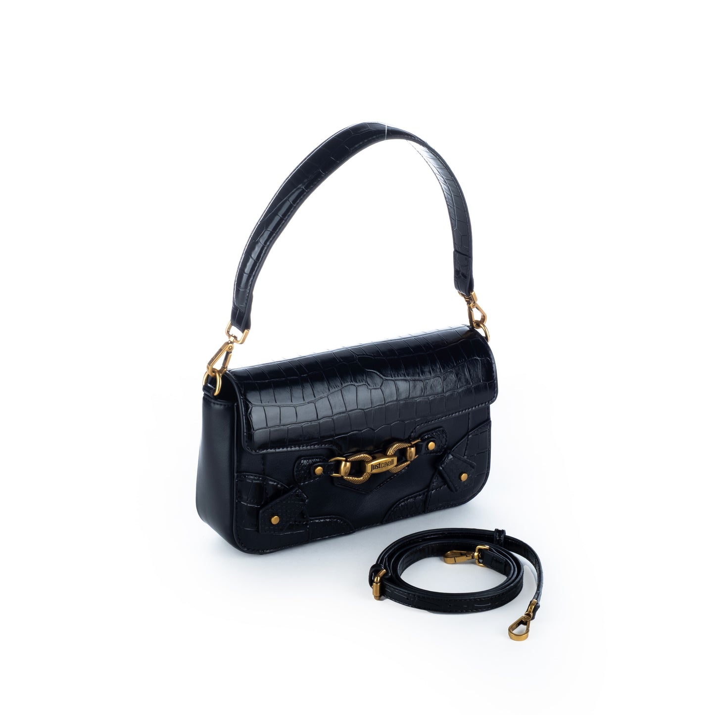 Bolsa de Ombro Just Cavalli Preta com Detalhes Dourados