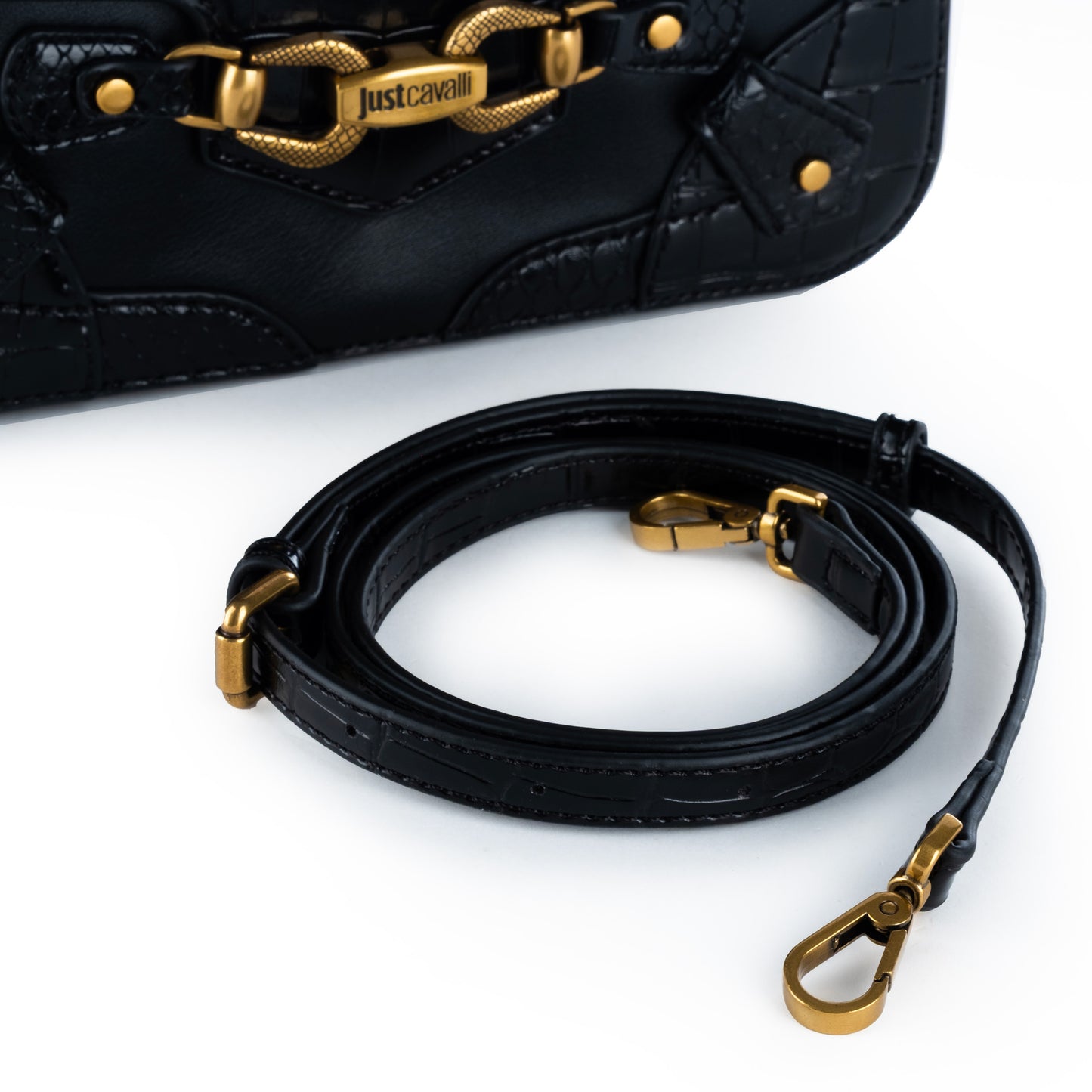 Bolsa de Ombro Just Cavalli Preta com Detalhes Dourados