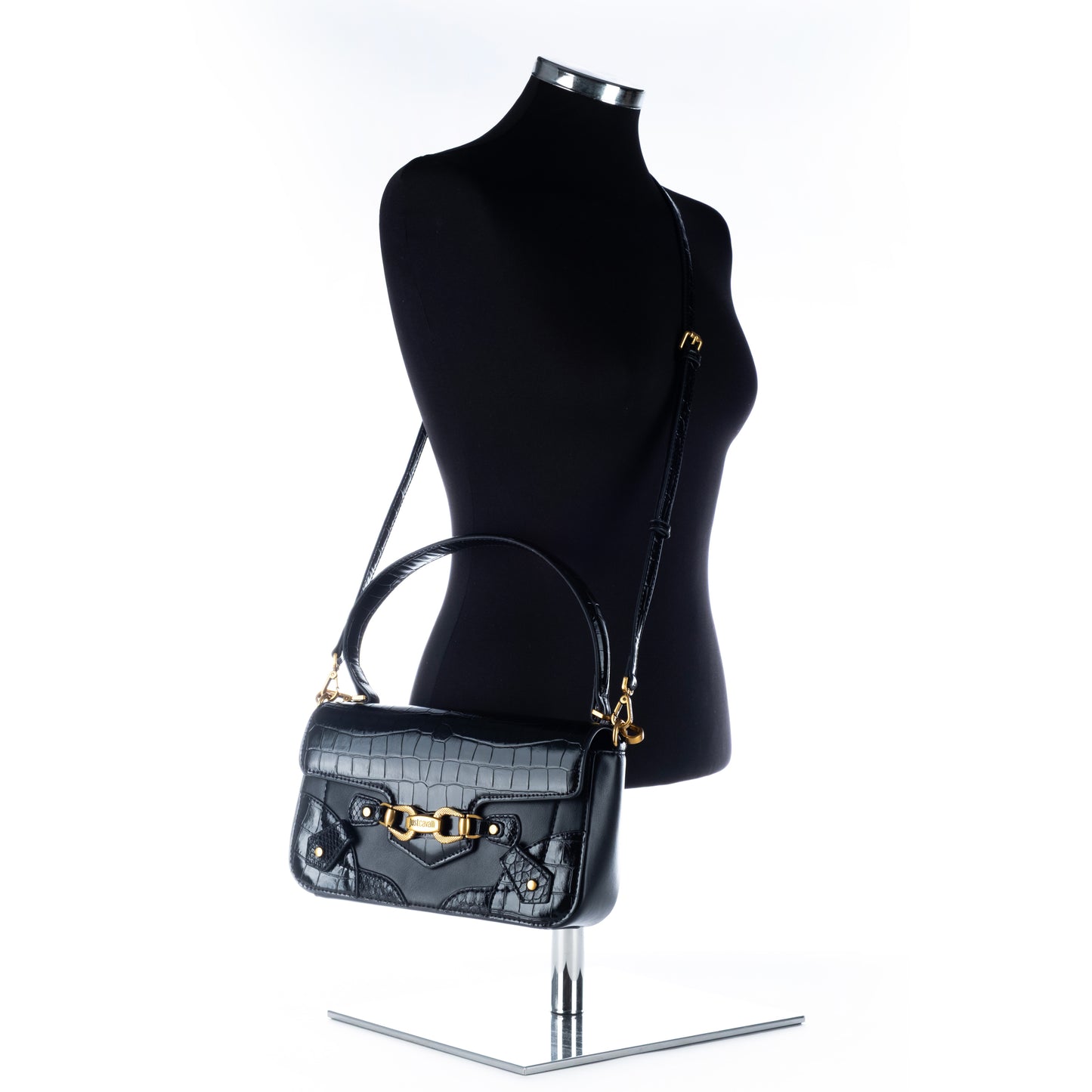 Bolsa de Ombro Just Cavalli Preta com Detalhes Dourados