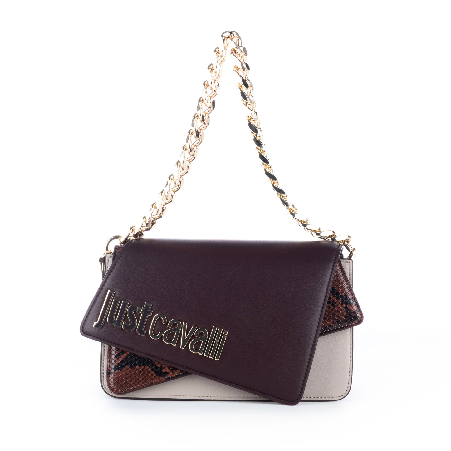 Bolsa de Ombro Just Cavalli Bordô/Bege com Corrente Dourada