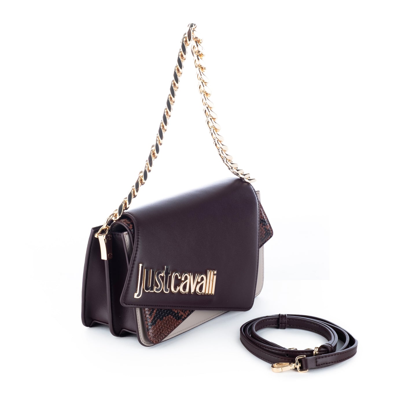Bolsa de Ombro Just Cavalli Bordô/Bege com Corrente Dourada
