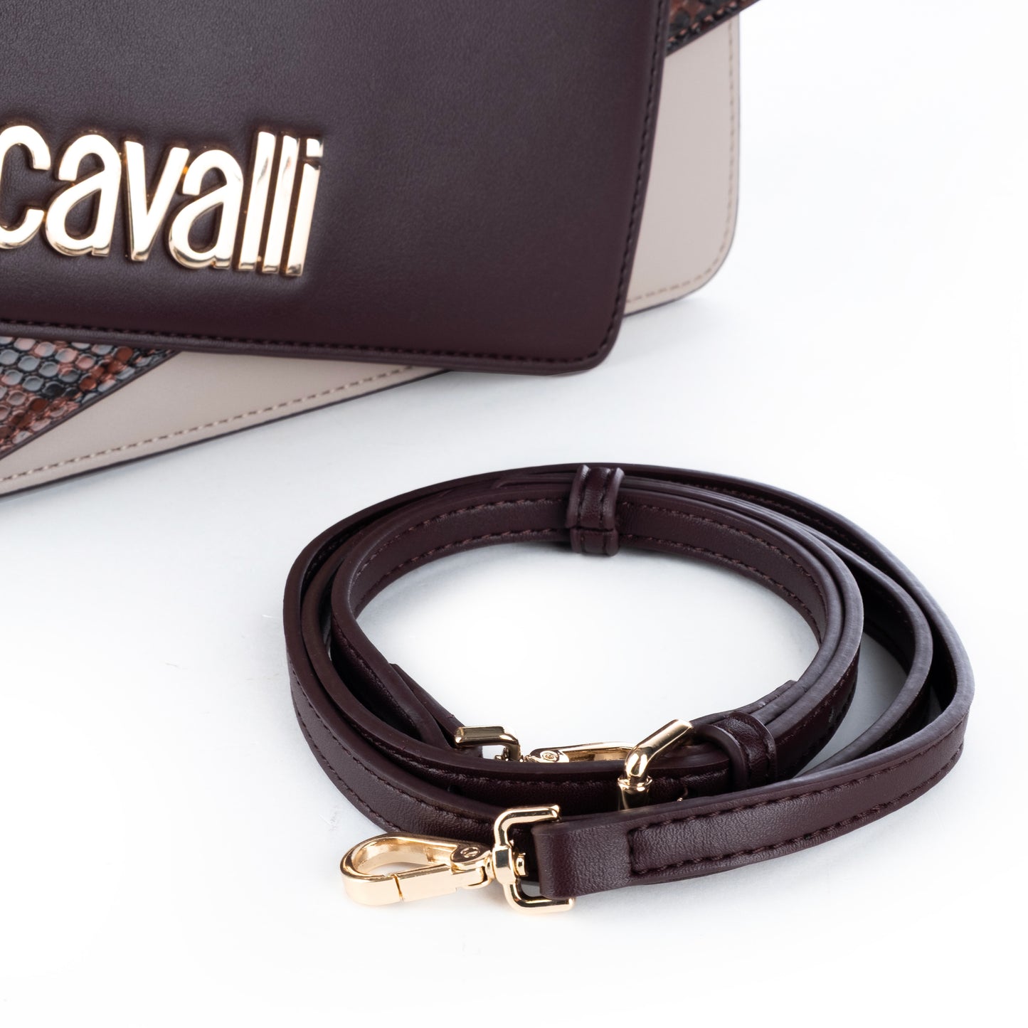 Bolsa de Ombro Just Cavalli Bordô/Bege com Corrente Dourada