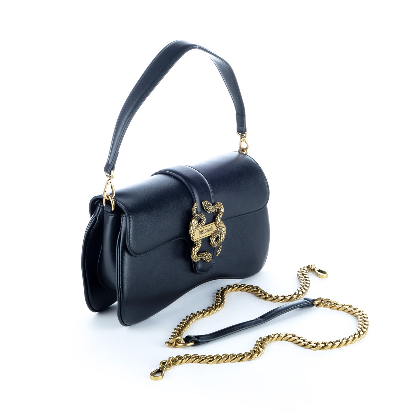 Bolsa de Ombro Just Cavalli Azul Escuro com Fecho Dourado Serpente