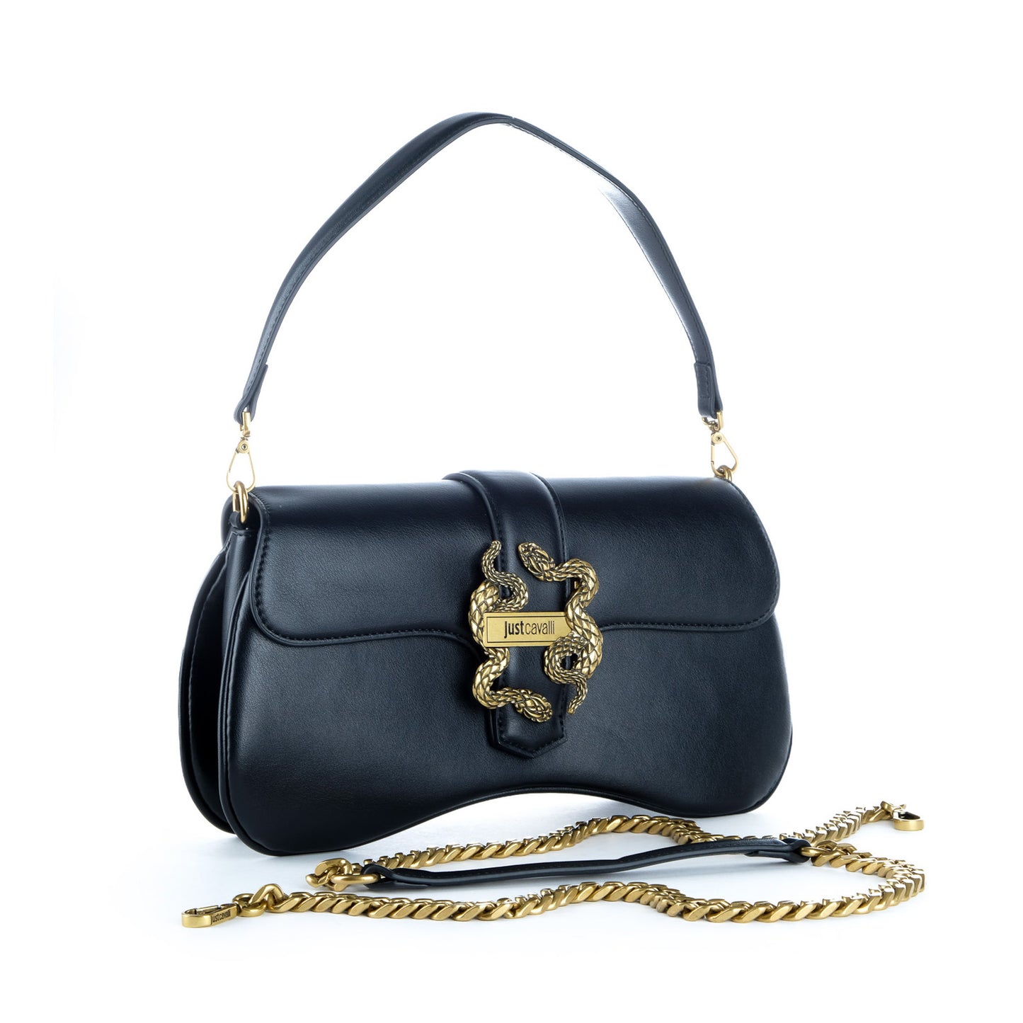 Bolsa de Ombro Just Cavalli Azul Escuro com Fecho Dourado Serpente