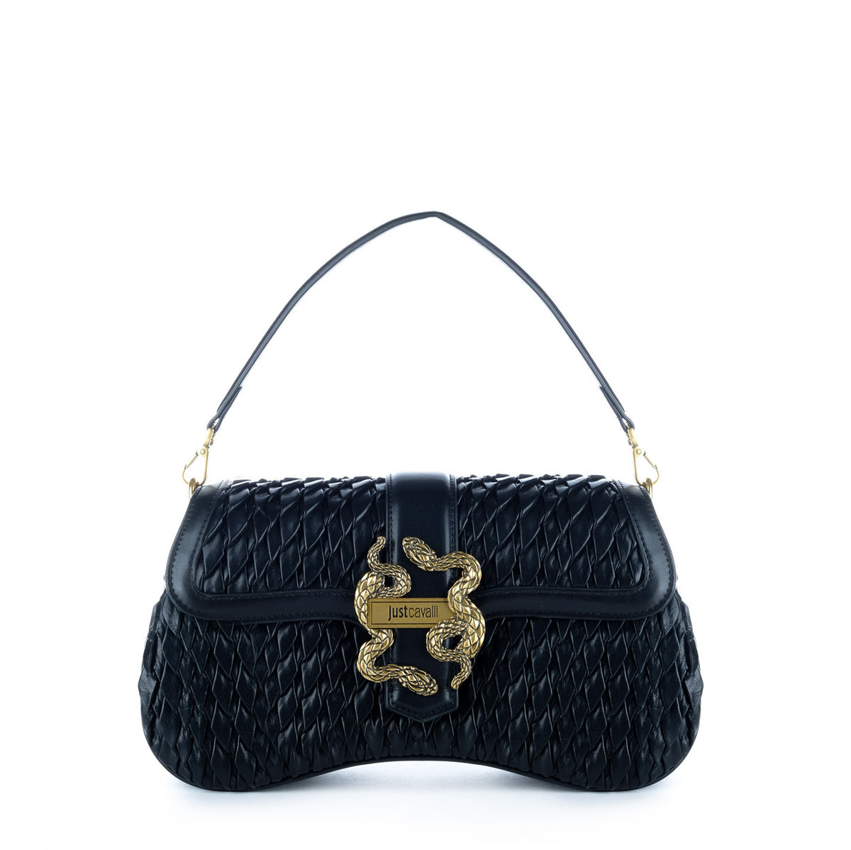 Bolsa de Ombro Just Cavalli Preta Entrançada com Detalhe Dourado