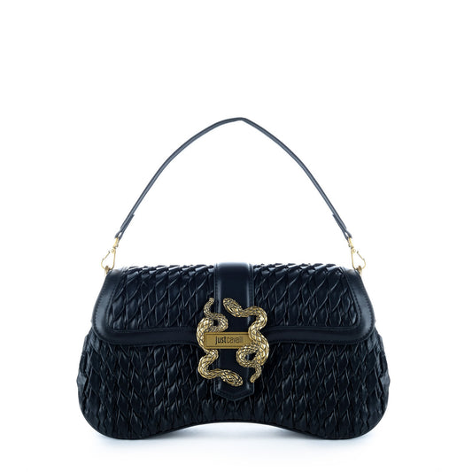Bolsa de Ombro Just Cavalli Preta Entrançada com Detalhe Dourado