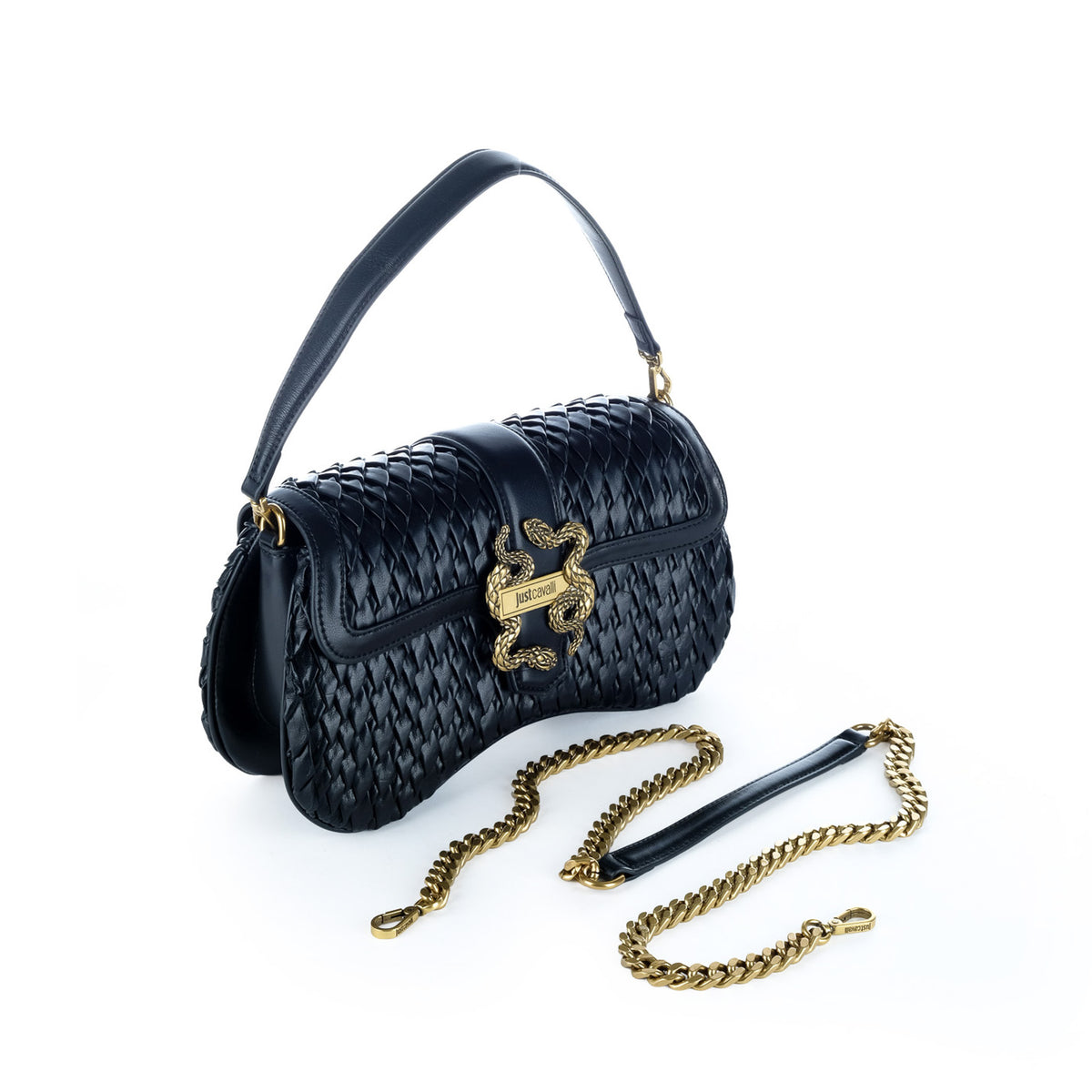 Bolsa de Ombro Just Cavalli Preta Entrançada com Detalhe Dourado