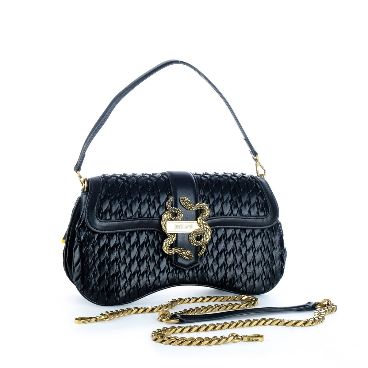 Bolsa de Ombro Just Cavalli Preta Entrançada com Detalhe Dourado