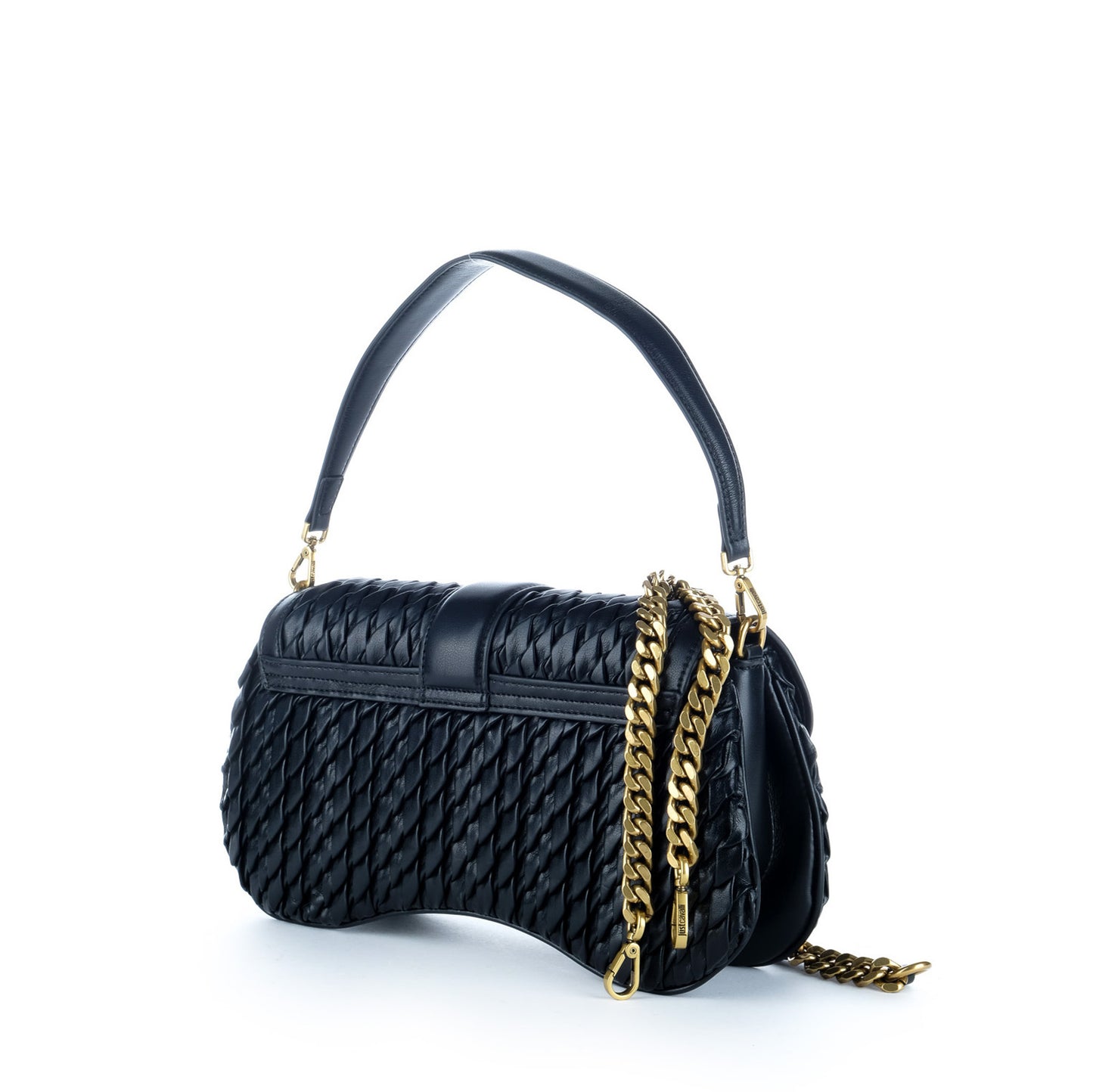 Bolsa de Ombro Just Cavalli Preta Entrançada com Detalhe Dourado