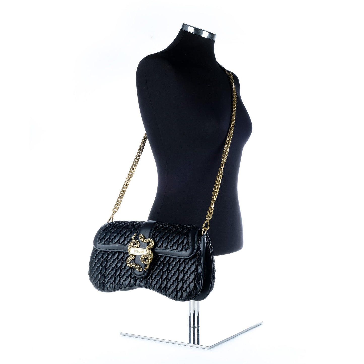 Bolsa de Ombro Just Cavalli Preta Entrançada com Detalhe Dourado