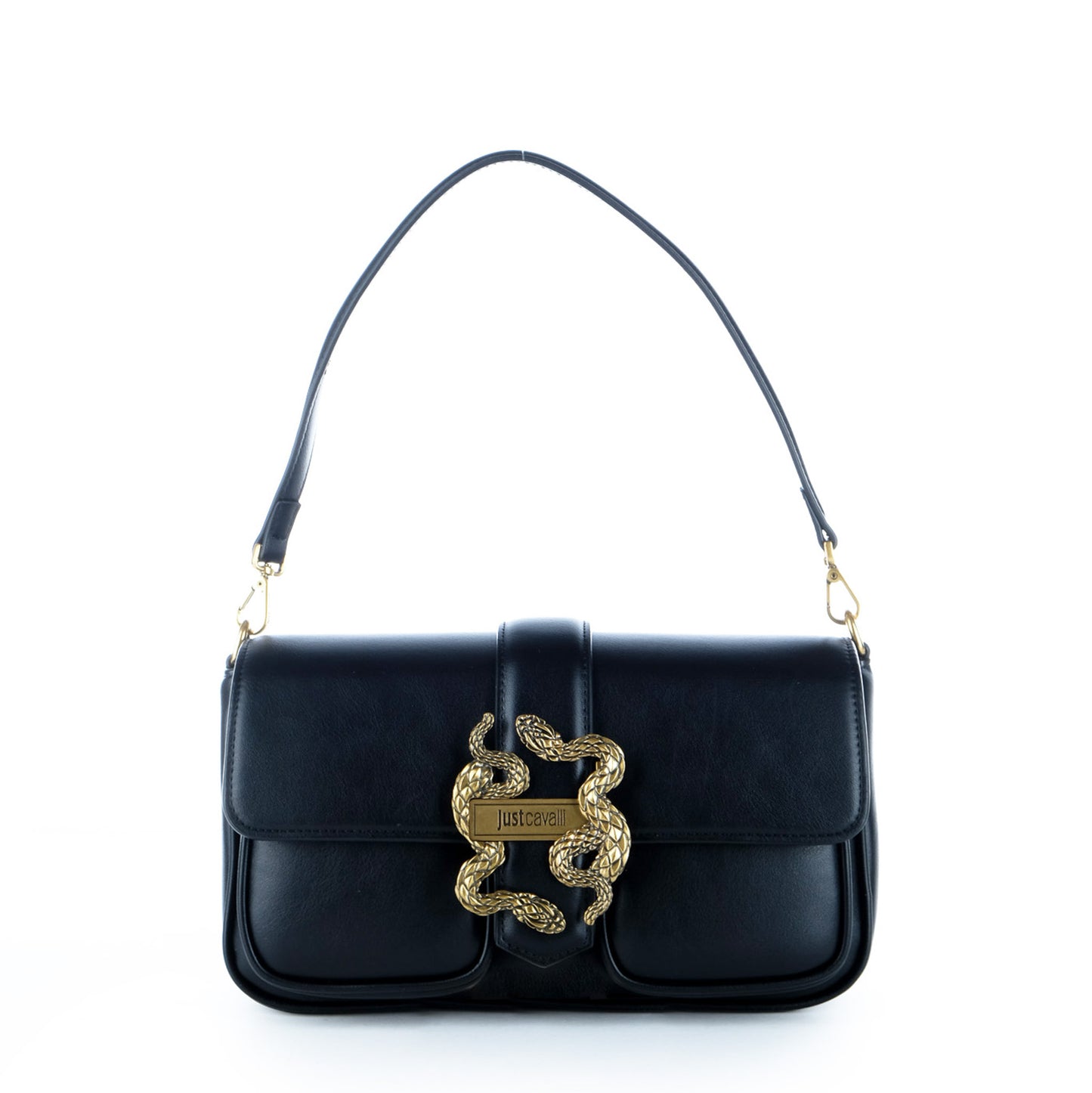 Bolsa de Ombro Just Cavalli Preta com Detalhe Dourado e Alça Tiracolo