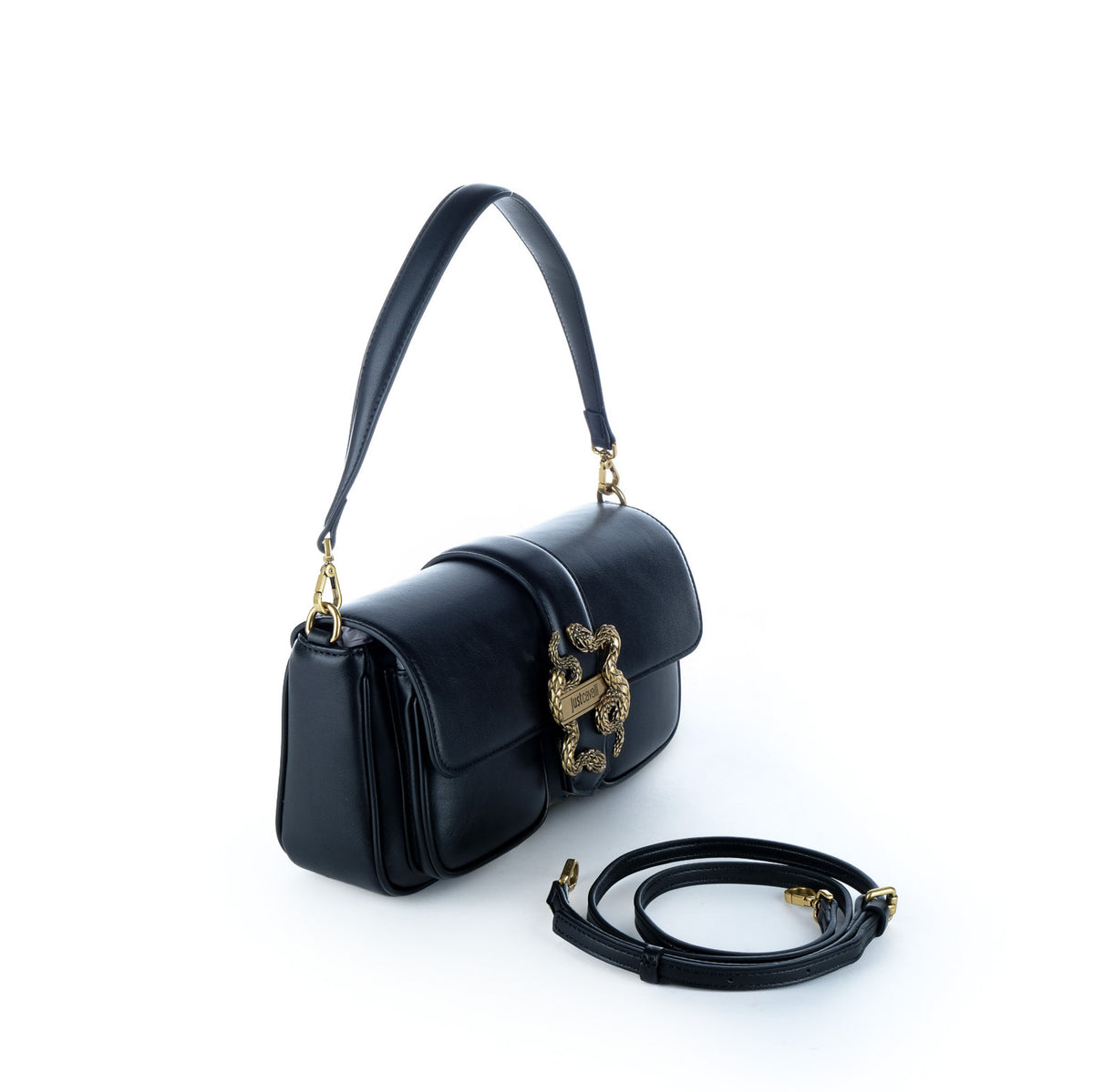 Bolsa de Ombro Just Cavalli Preta com Detalhe Dourado e Alça Tiracolo