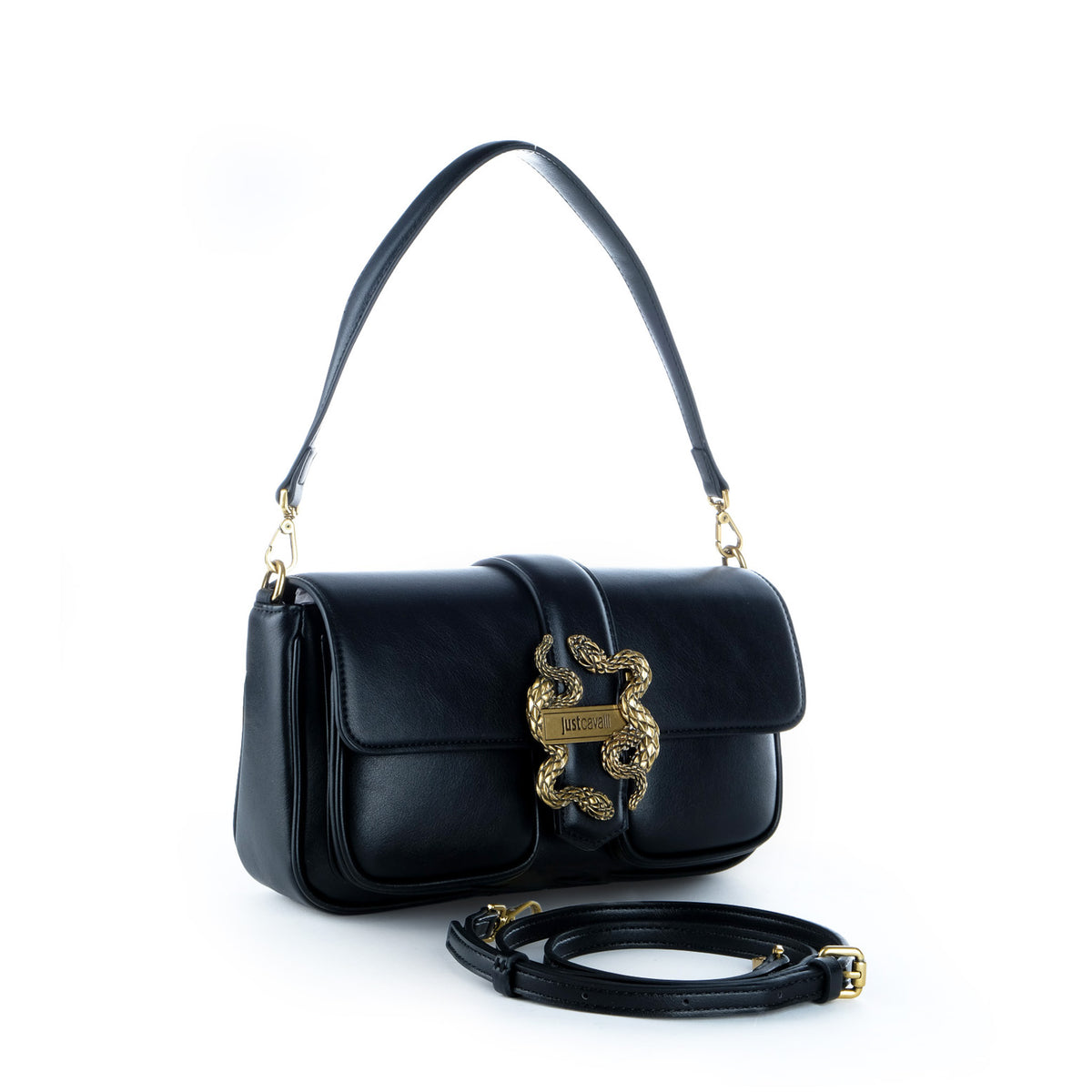 Bolsa de Ombro Just Cavalli Preta com Detalhe Dourado e Alça Tiracolo