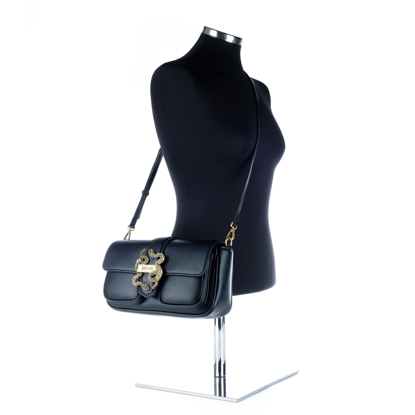 Bolsa de Ombro Just Cavalli Preta com Detalhe Dourado e Alça Tiracolo