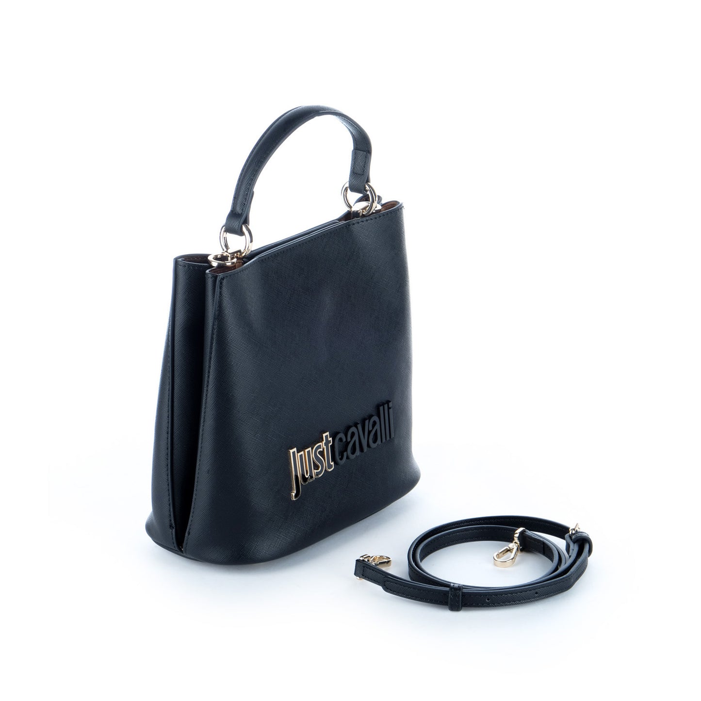 Bolsa Satchel Just Cavalli Preta com Alça Superior e Logótipo Frontal