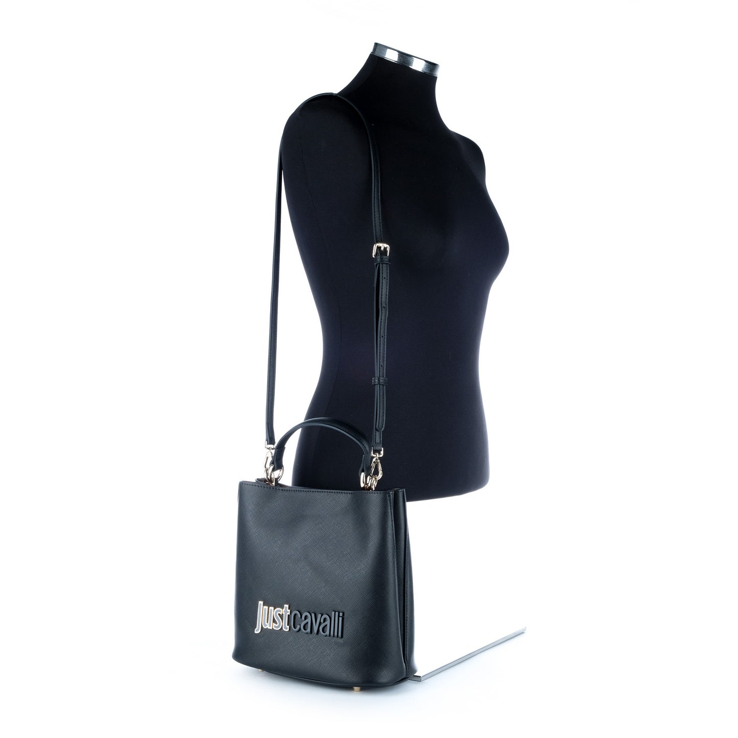 Bolsa Satchel Just Cavalli Preta com Alça Superior e Logótipo Frontal