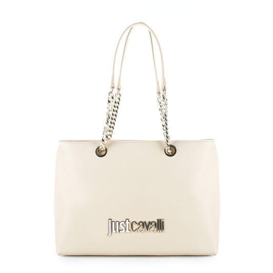 Bolsa Tote Just Cavalli Bege com Logótipo Metálico e Alças de Corrente