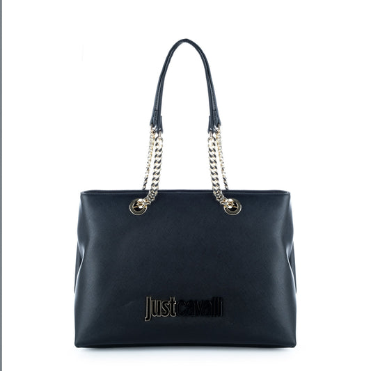 Bolsa Tote Just Cavalli Preta com Correntes Douradas e Logótipo Frontal