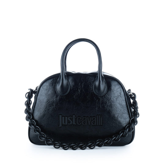 Bolsa Satchel Just Cavalli Preta com Logótipo e Corrente