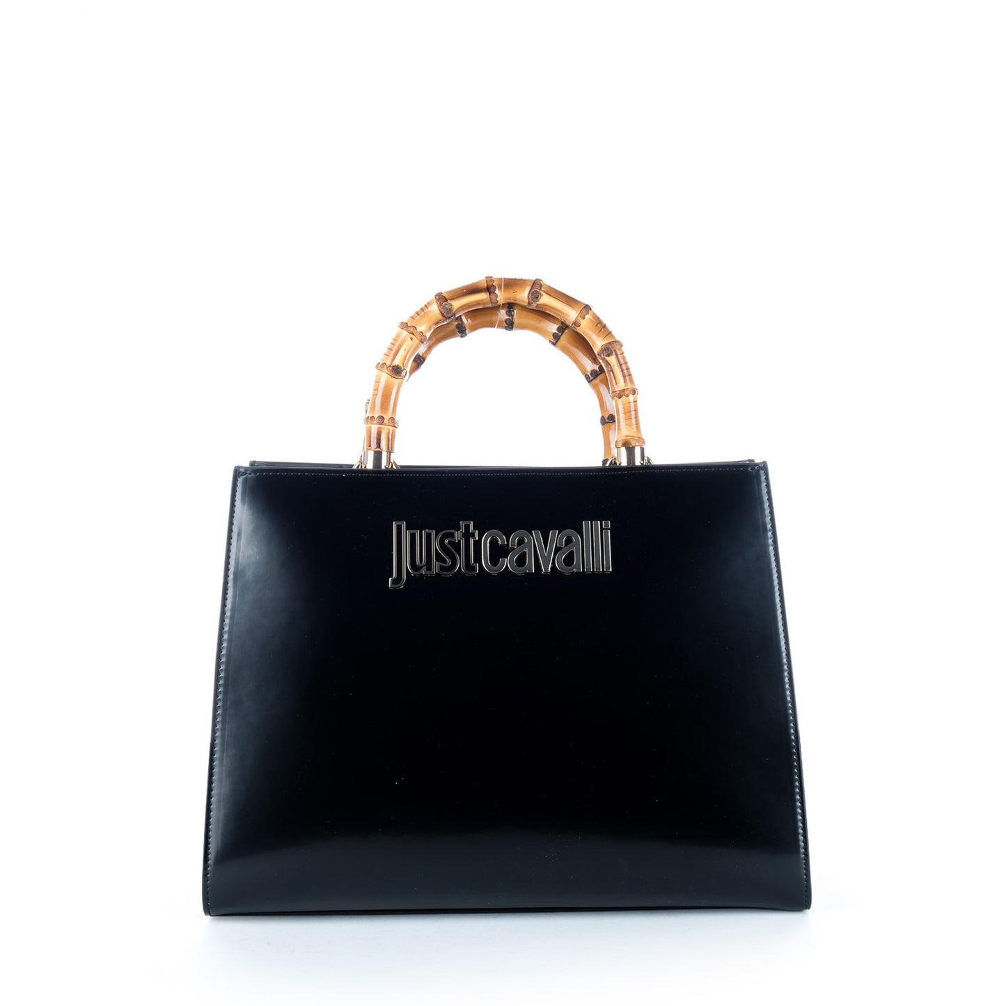 Bolsa Tote Just Cavalli Azul Escuro com Pegas Efeito Bambu e Logótipo Metálico