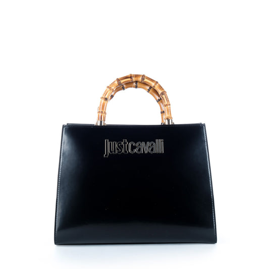 Bolsa Tote Just Cavalli Azul Escuro com Pegas Efeito Bambu e Logótipo Metálico