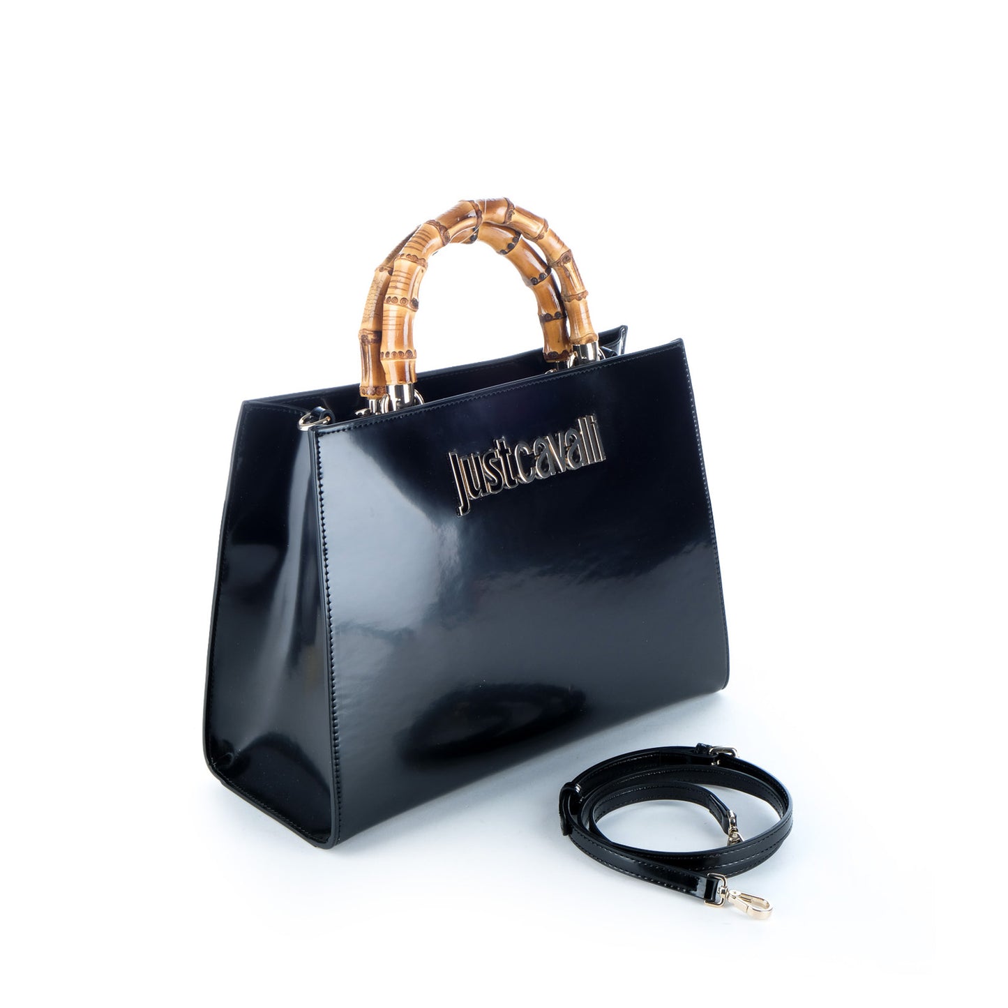 Bolsa Tote Just Cavalli Azul Escuro com Pegas Efeito Bambu e Logótipo Metálico
