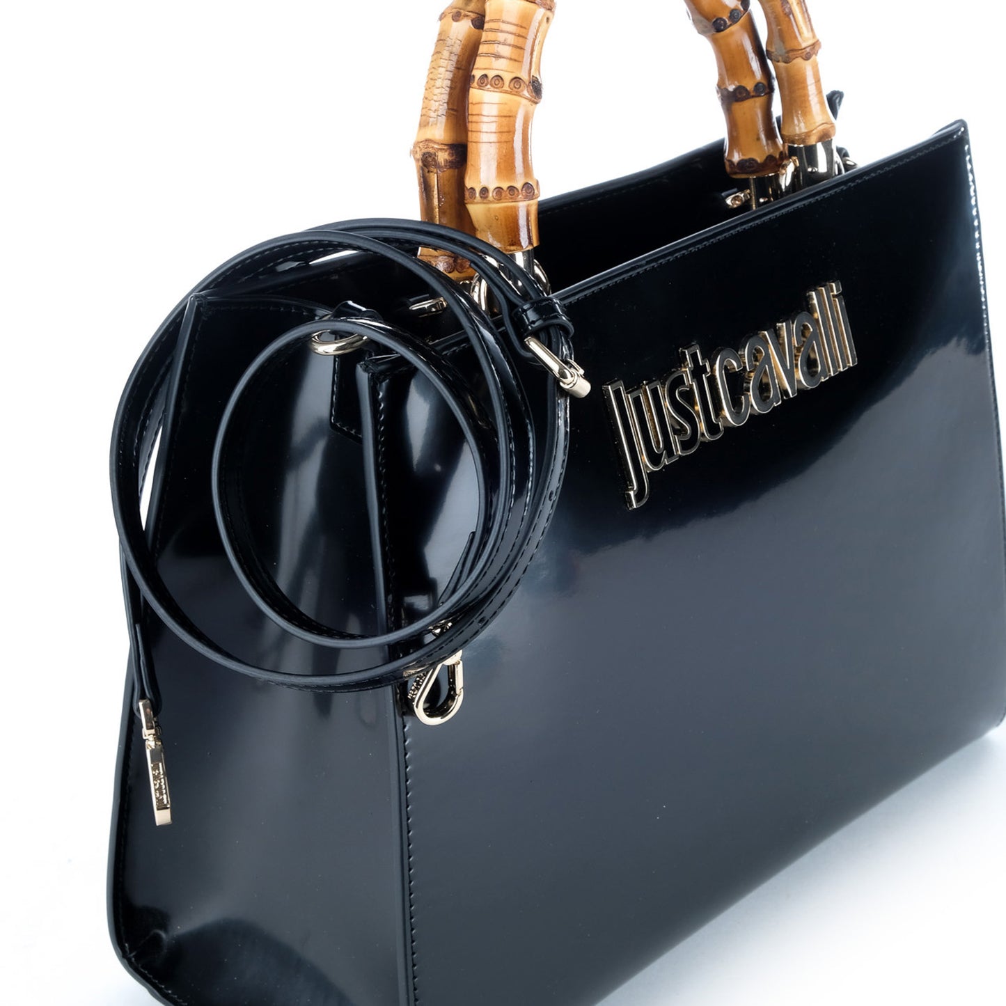 Bolsa Tote Just Cavalli Azul Escuro com Pegas Efeito Bambu e Logótipo Metálico