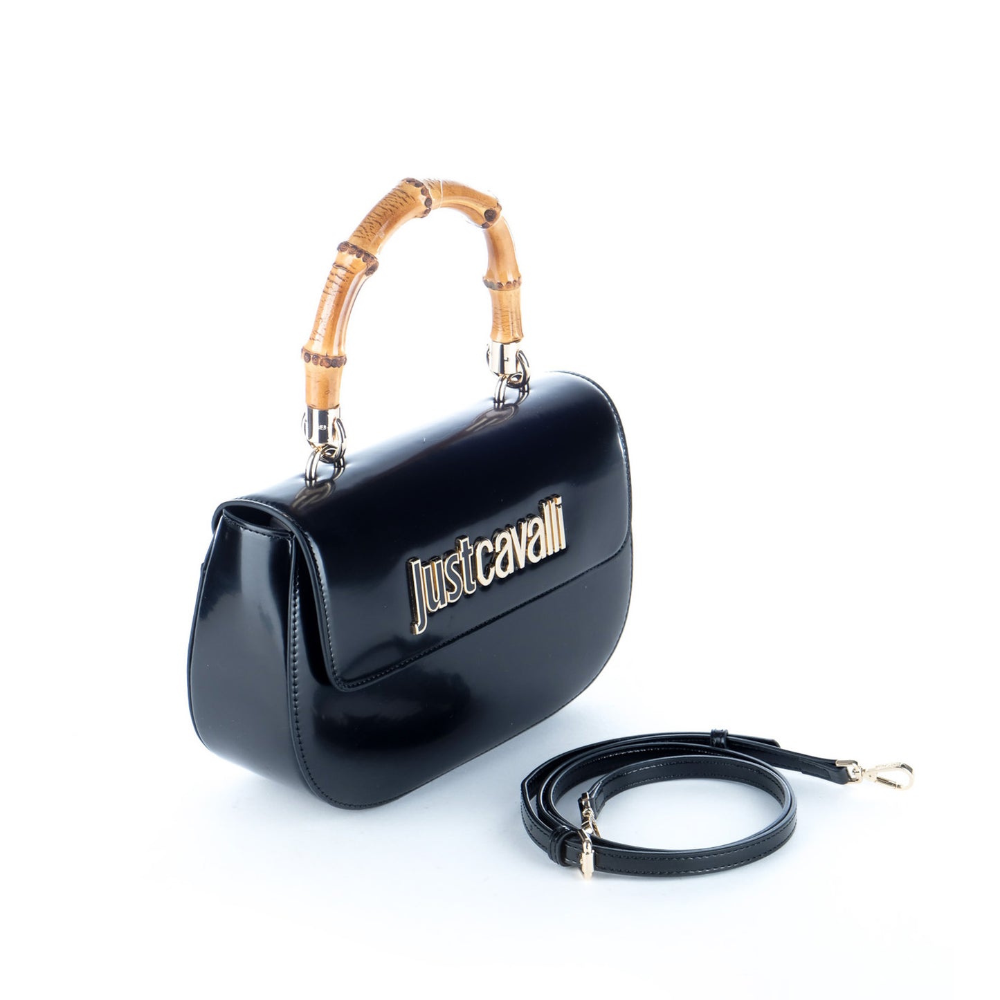 Bolsa Clutch Just Cavalli Azul Escuro com Pega Efeito Bambu e Logótipo Metálico