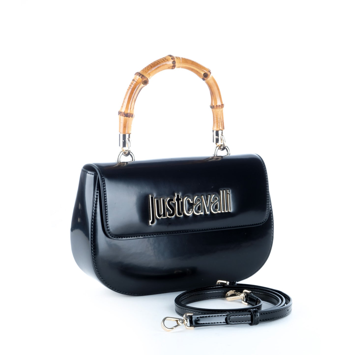 Bolsa Clutch Just Cavalli Azul Escuro com Pega Efeito Bambu e Logótipo Metálico