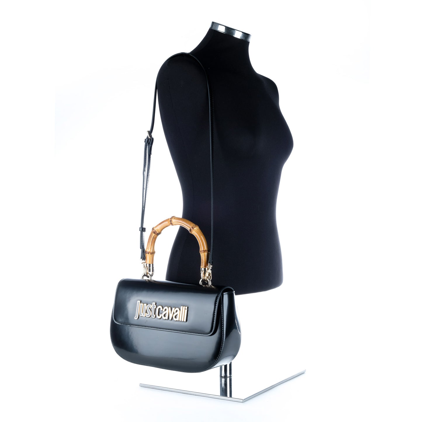 Bolsa Clutch Just Cavalli Azul Escuro com Pega Efeito Bambu e Logótipo Metálico