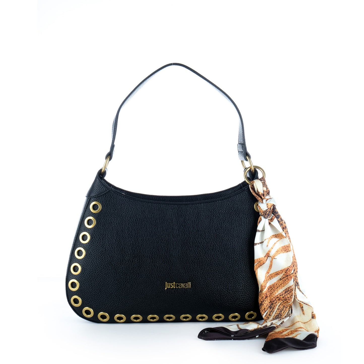 Bolsa de Ombro Just Cavalli Preta com Ilhós Dourados e Lenço Decorativo