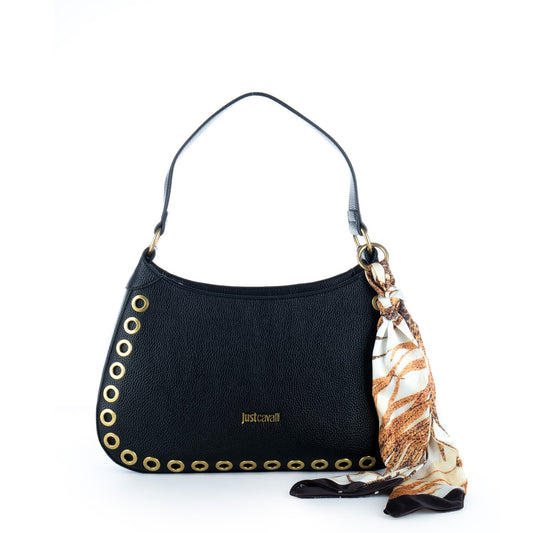 Bolsa de Ombro Just Cavalli Preta com Ilhós Dourados e Lenço Decorativo