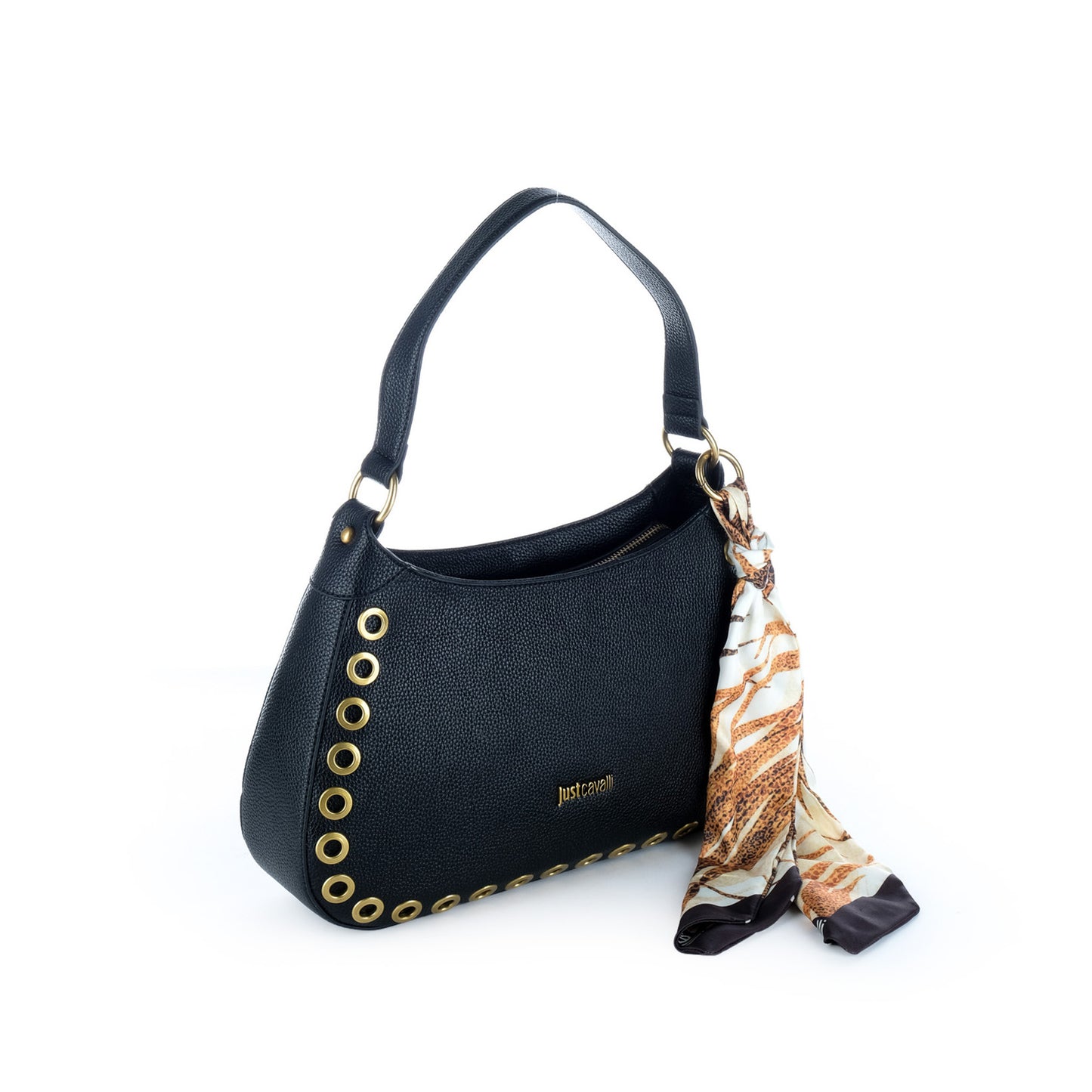 Bolsa de Ombro Just Cavalli Preta com Ilhós Dourados e Lenço Decorativo