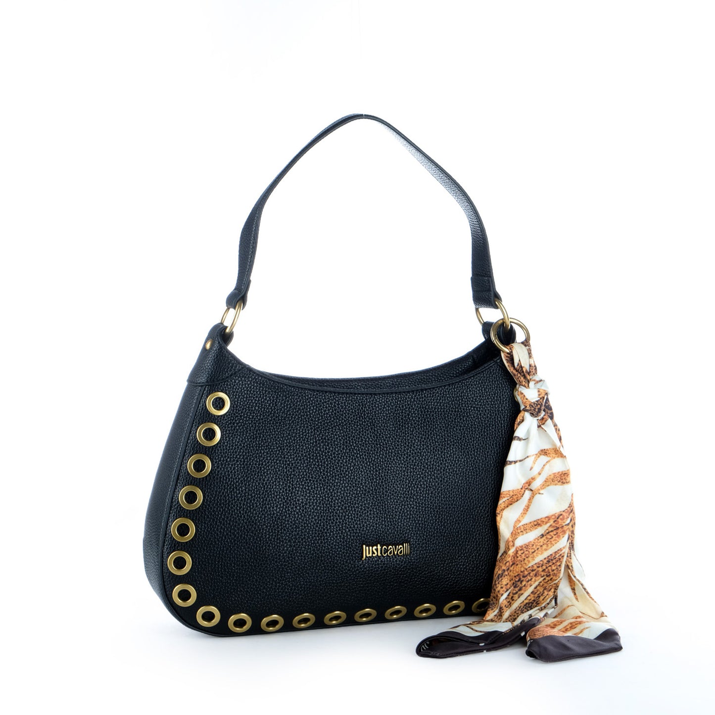 Bolsa de Ombro Just Cavalli Preta com Ilhós Dourados e Lenço Decorativo