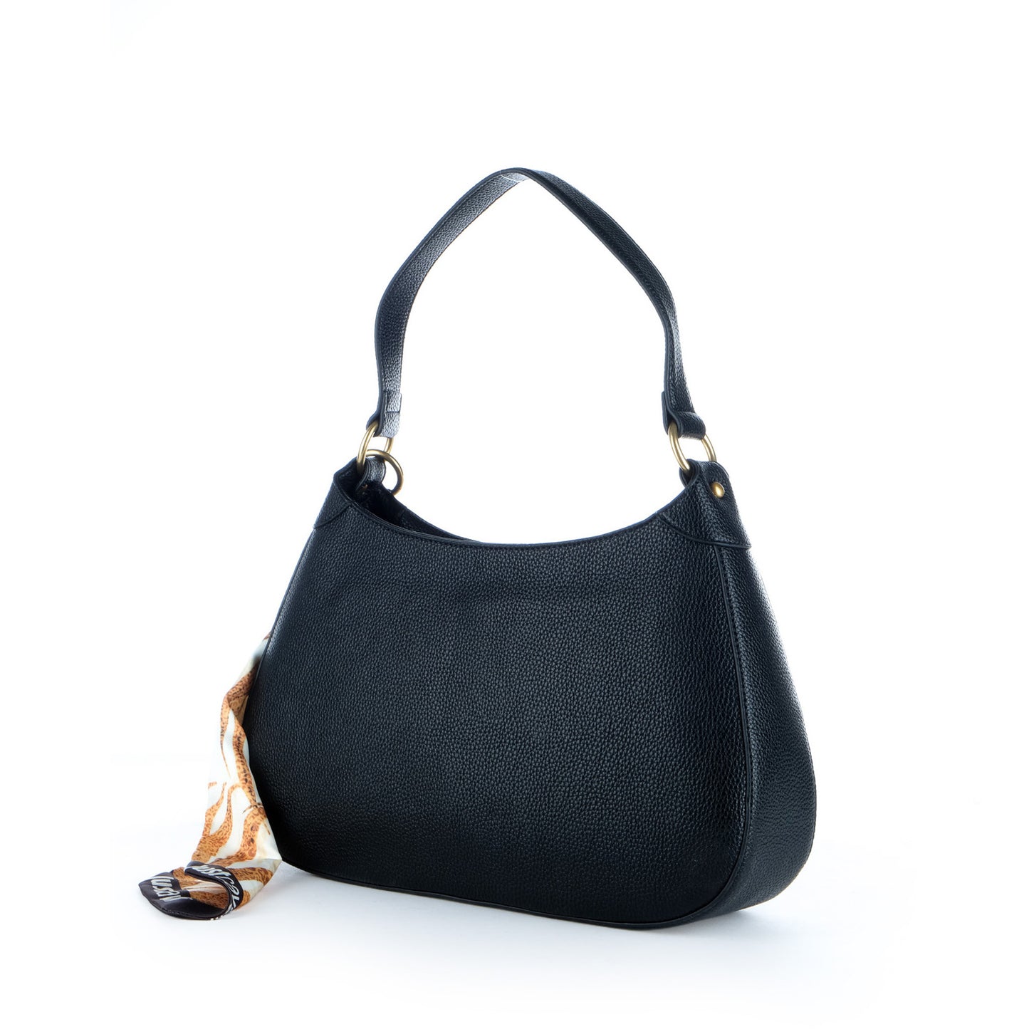 Bolsa de Ombro Just Cavalli Preta com Ilhós Dourados e Lenço Decorativo