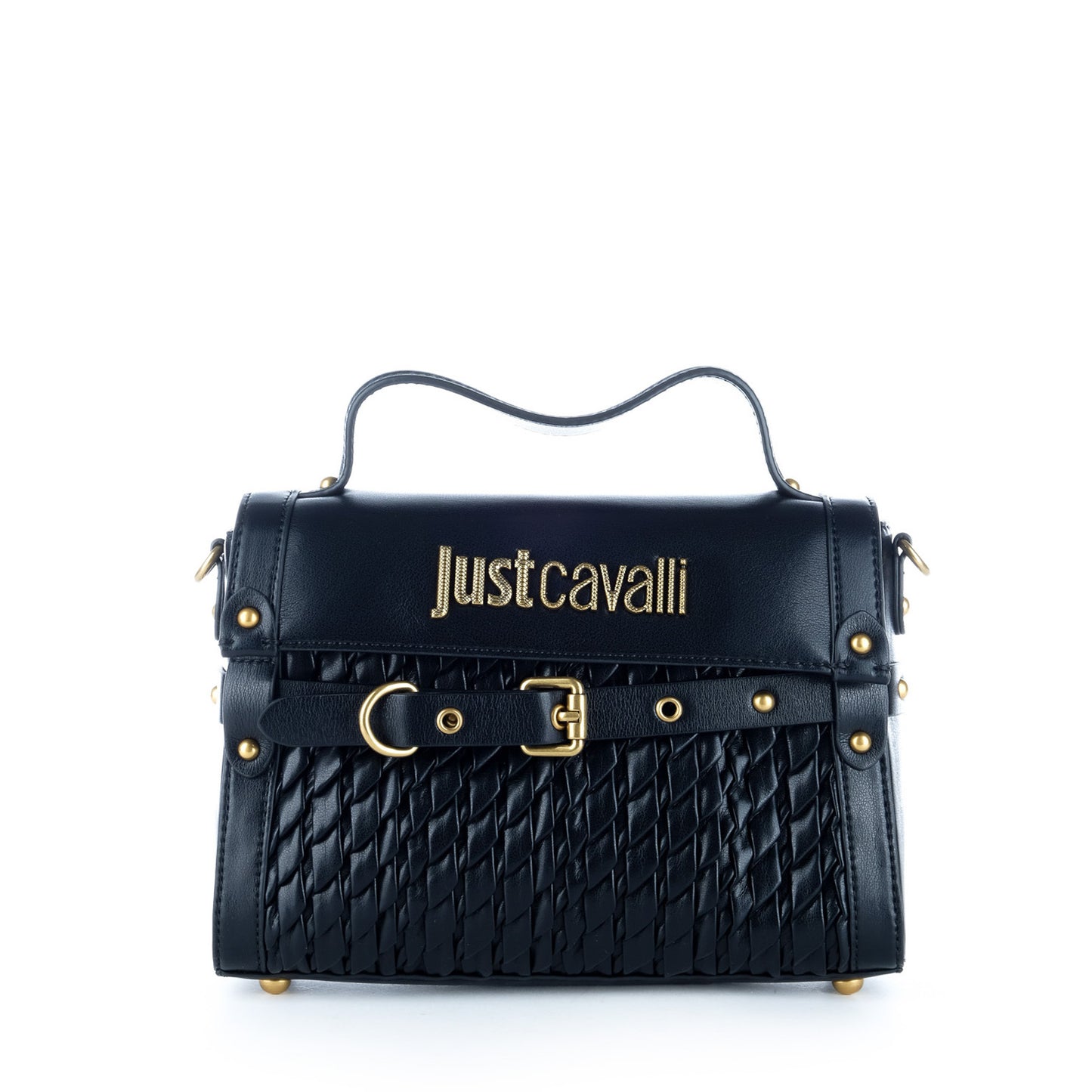 Bolsa Satchel Just Cavalli Preta Entrançada com Detalhes Dourados