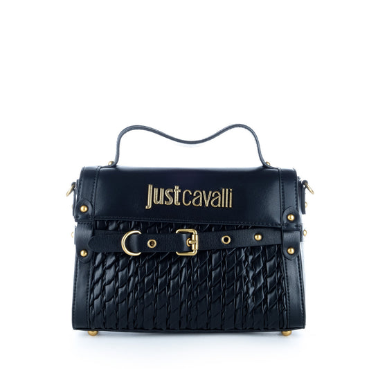 Bolsa Satchel Just Cavalli Preta Entrançada com Detalhes Dourados