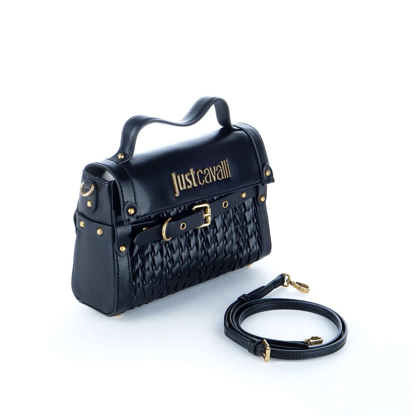 Bolsa Satchel Just Cavalli Preta Entrançada com Detalhes Dourados