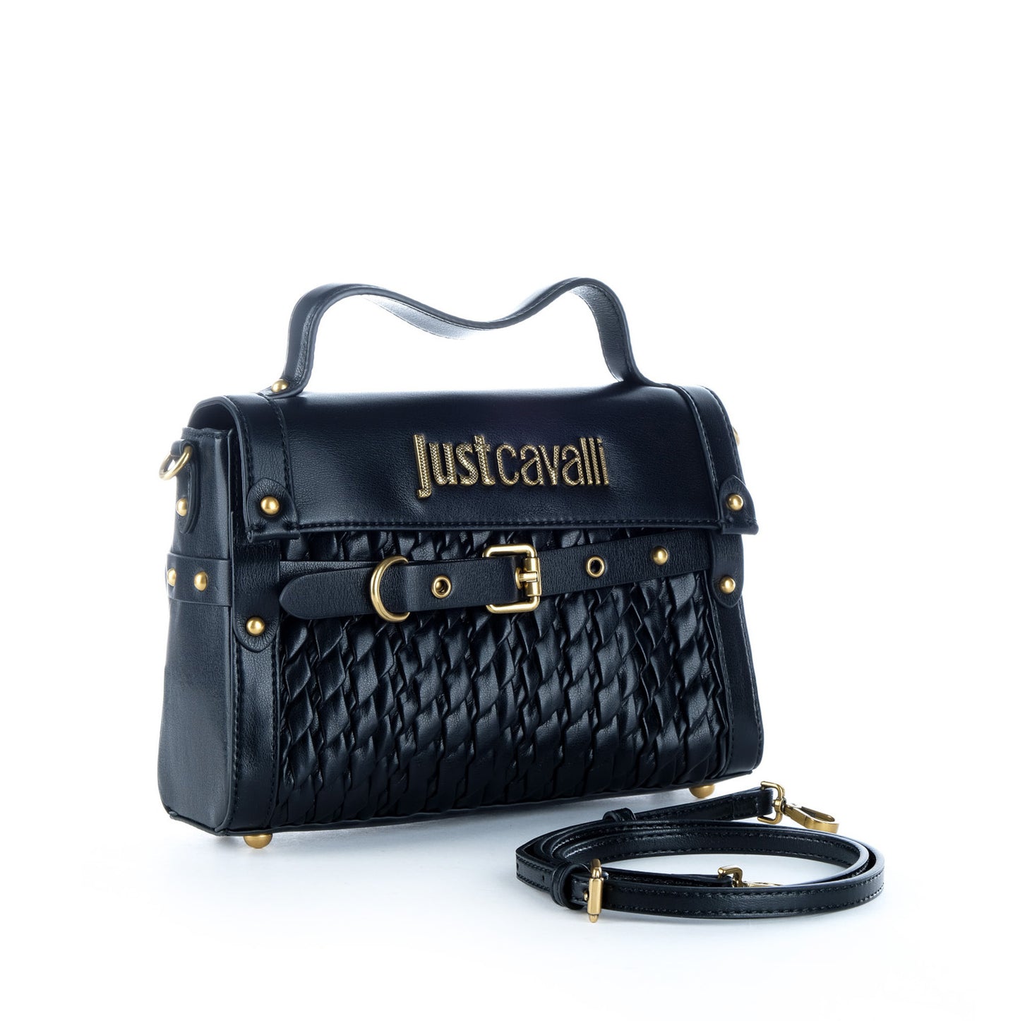 Bolsa Satchel Just Cavalli Preta Entrançada com Detalhes Dourados