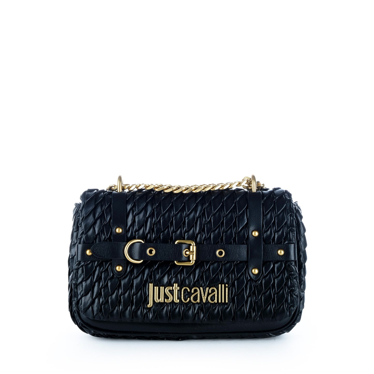 Bolsa Tiracolo Just Cavalli Preta Entrançada com Corrente Dourada