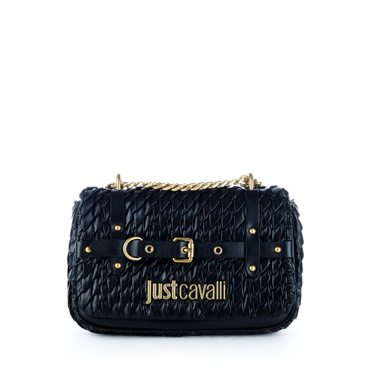 Bolsa Tiracolo Just Cavalli Preta Entrançada com Corrente Dourada