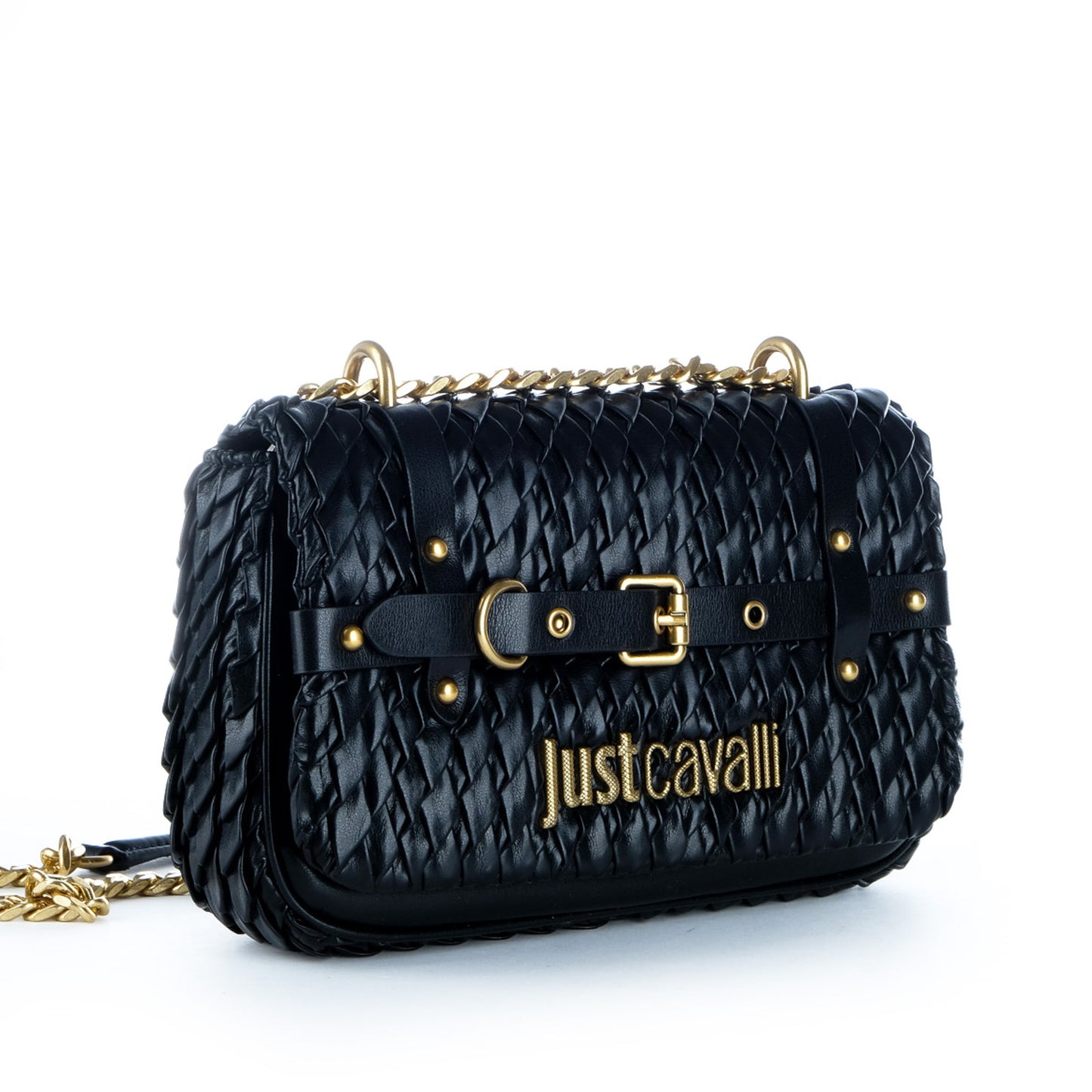 Bolsa Tiracolo Just Cavalli Preta Entrançada com Corrente Dourada