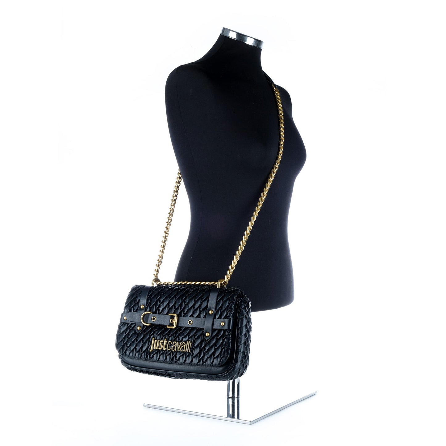 Bolsa Tiracolo Just Cavalli Preta Entrançada com Corrente Dourada