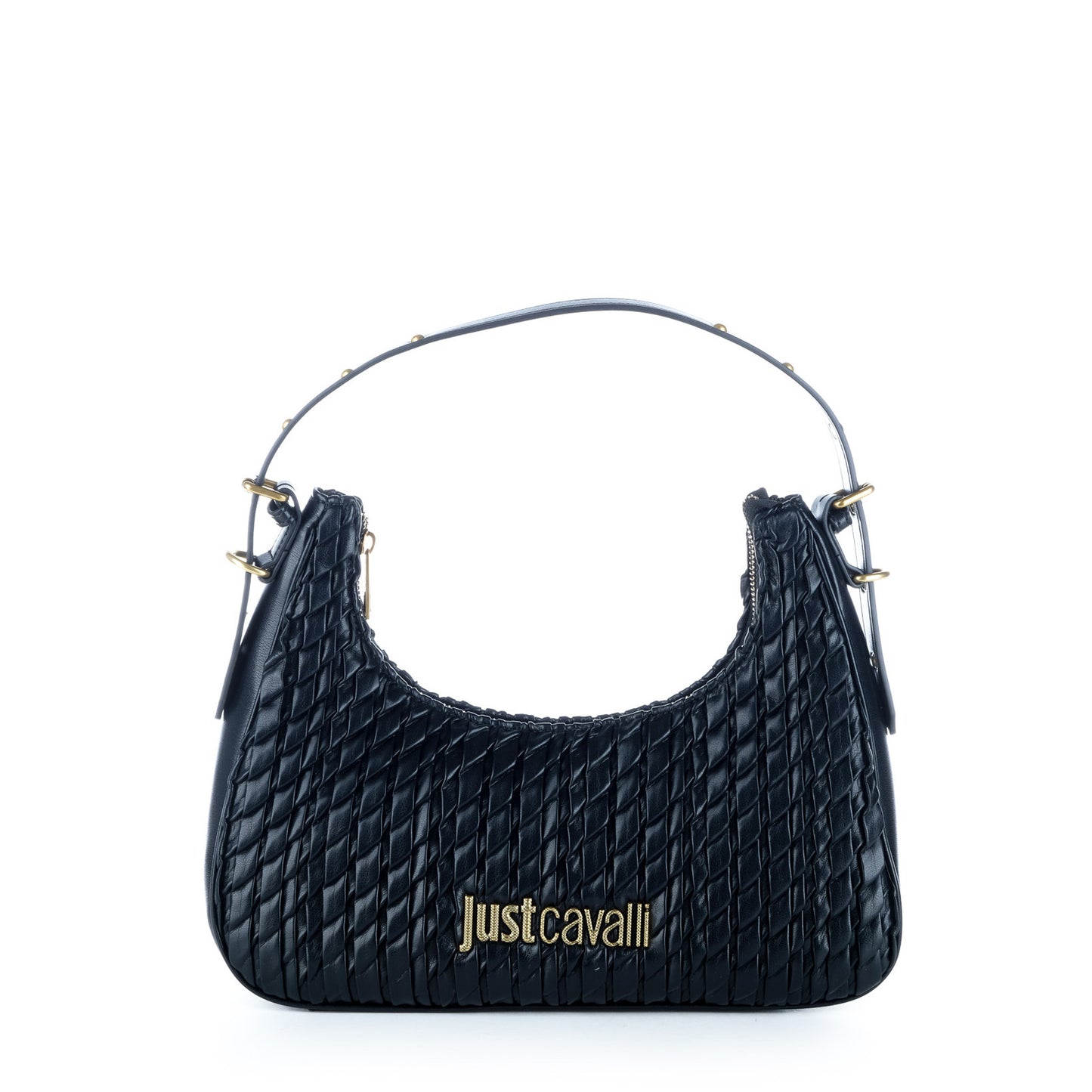 Bolsa de Ombro Just Cavalli Preta Entrançada com Logótipo Dourado