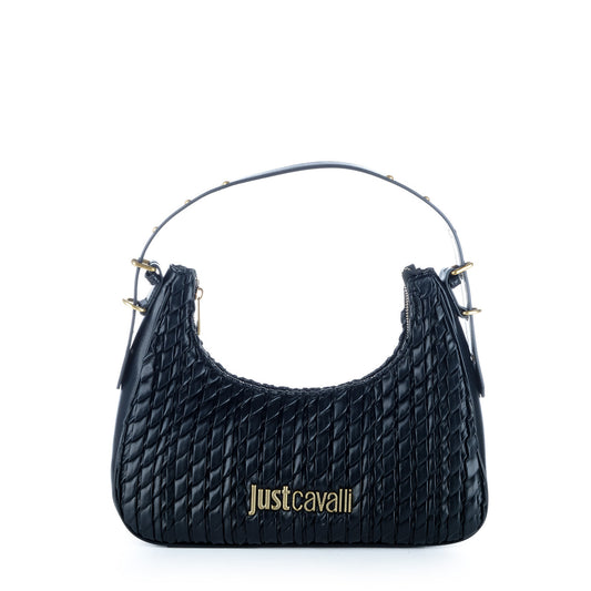 Bolsa de Ombro Just Cavalli Preta Entrançada com Logótipo Dourado
