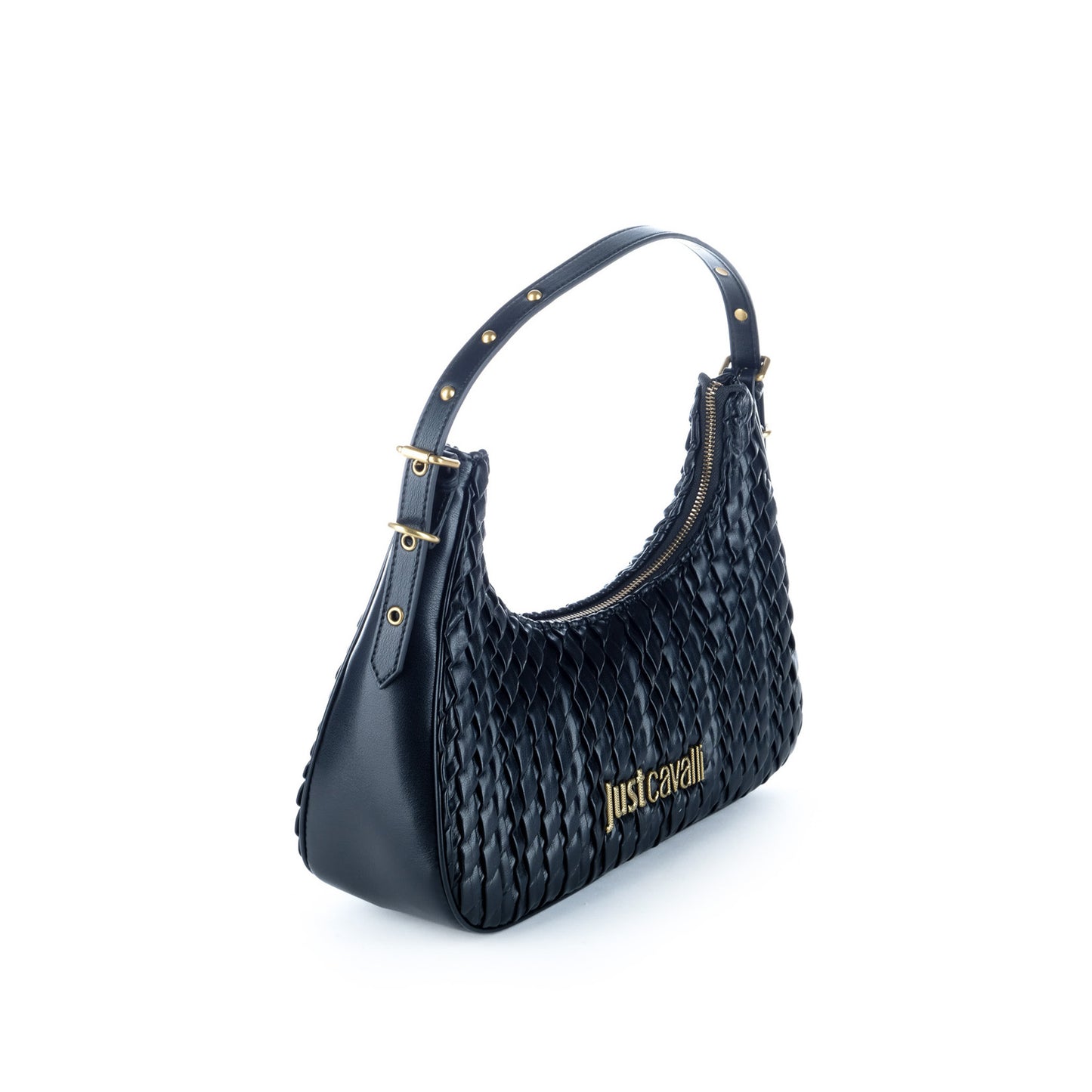 Bolsa de Ombro Just Cavalli Preta Entrançada com Logótipo Dourado