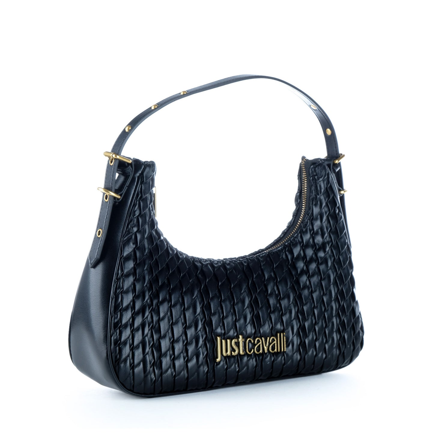 Bolsa de Ombro Just Cavalli Preta Entrançada com Logótipo Dourado