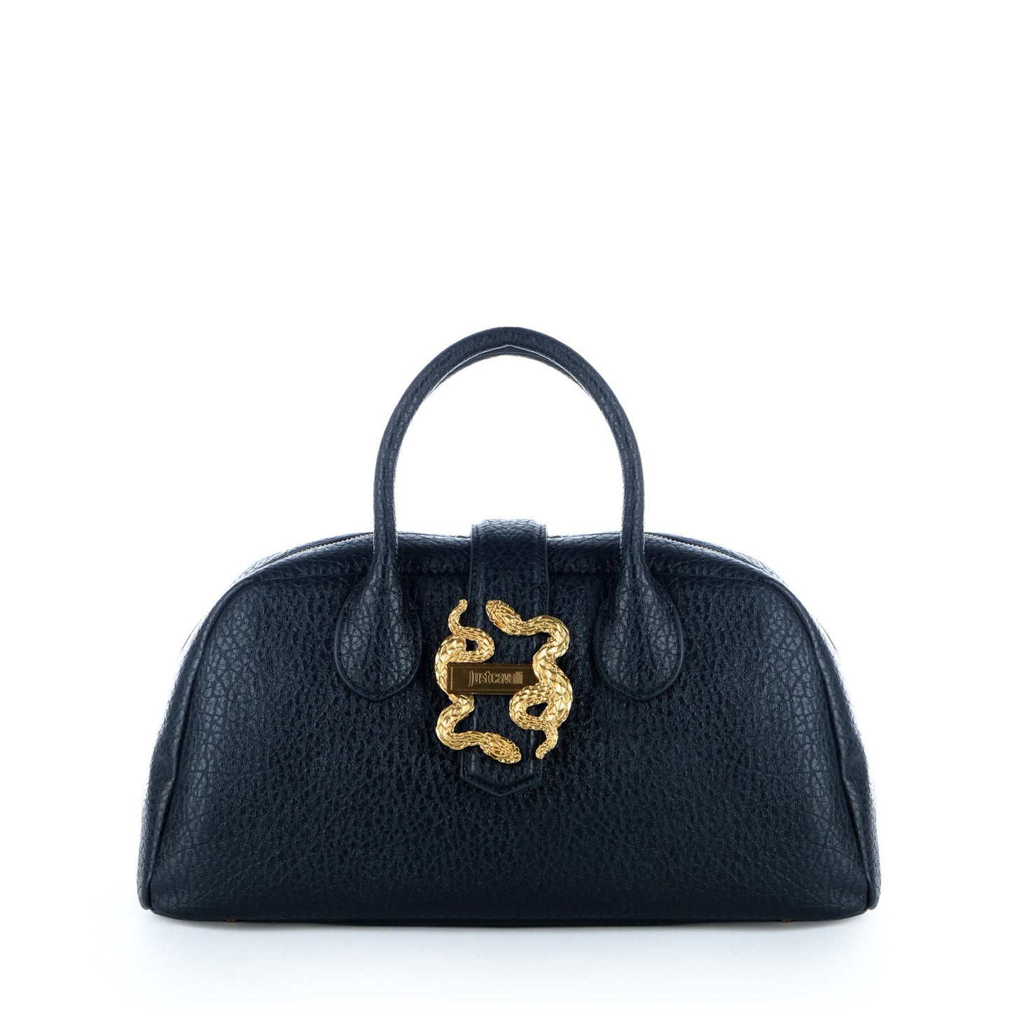 Bolsa Satchel Just Cavalli Azul Escuro com Detalhe Dourado de Serpentes