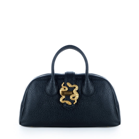 Bolsa Satchel Just Cavalli Azul Escuro com Detalhe Dourado de Serpentes