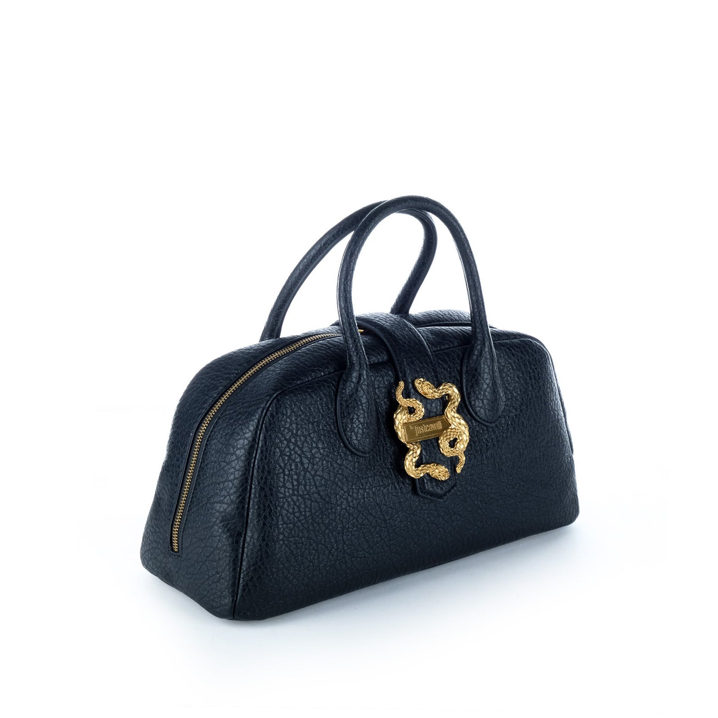Bolsa Satchel Just Cavalli Azul Escuro com Detalhe Dourado de Serpentes
